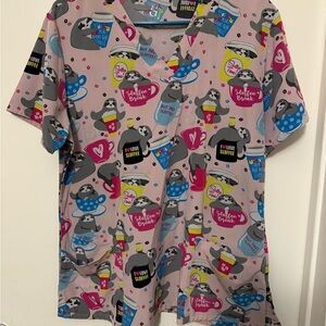 Sloth Coffee Print Scrub Top - Pink Background